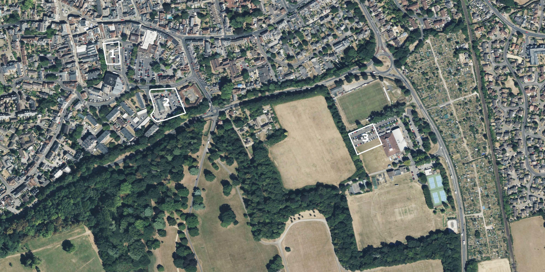 Aerial image of Romsey with the three sites outlined in white