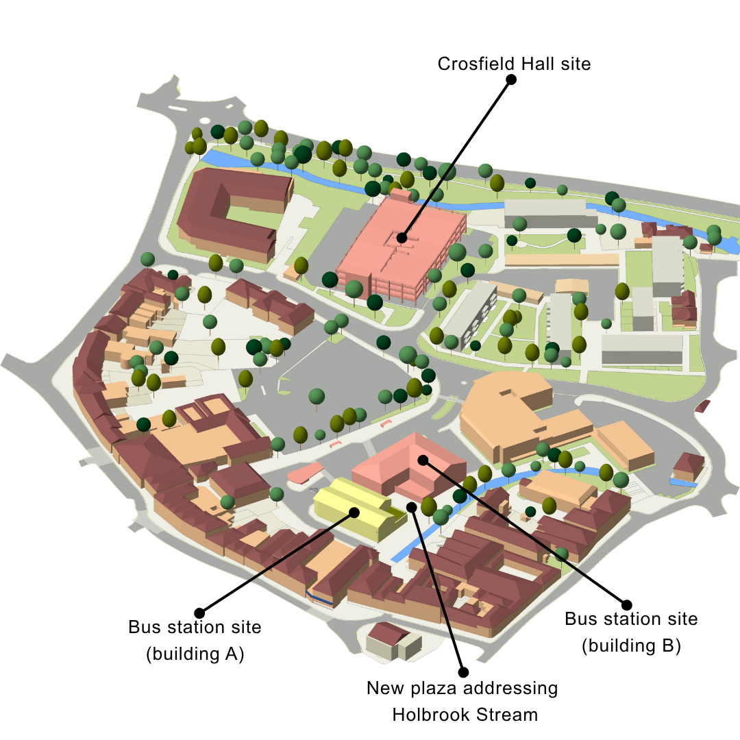 Annotated drawing of option 1+ showing the different sites