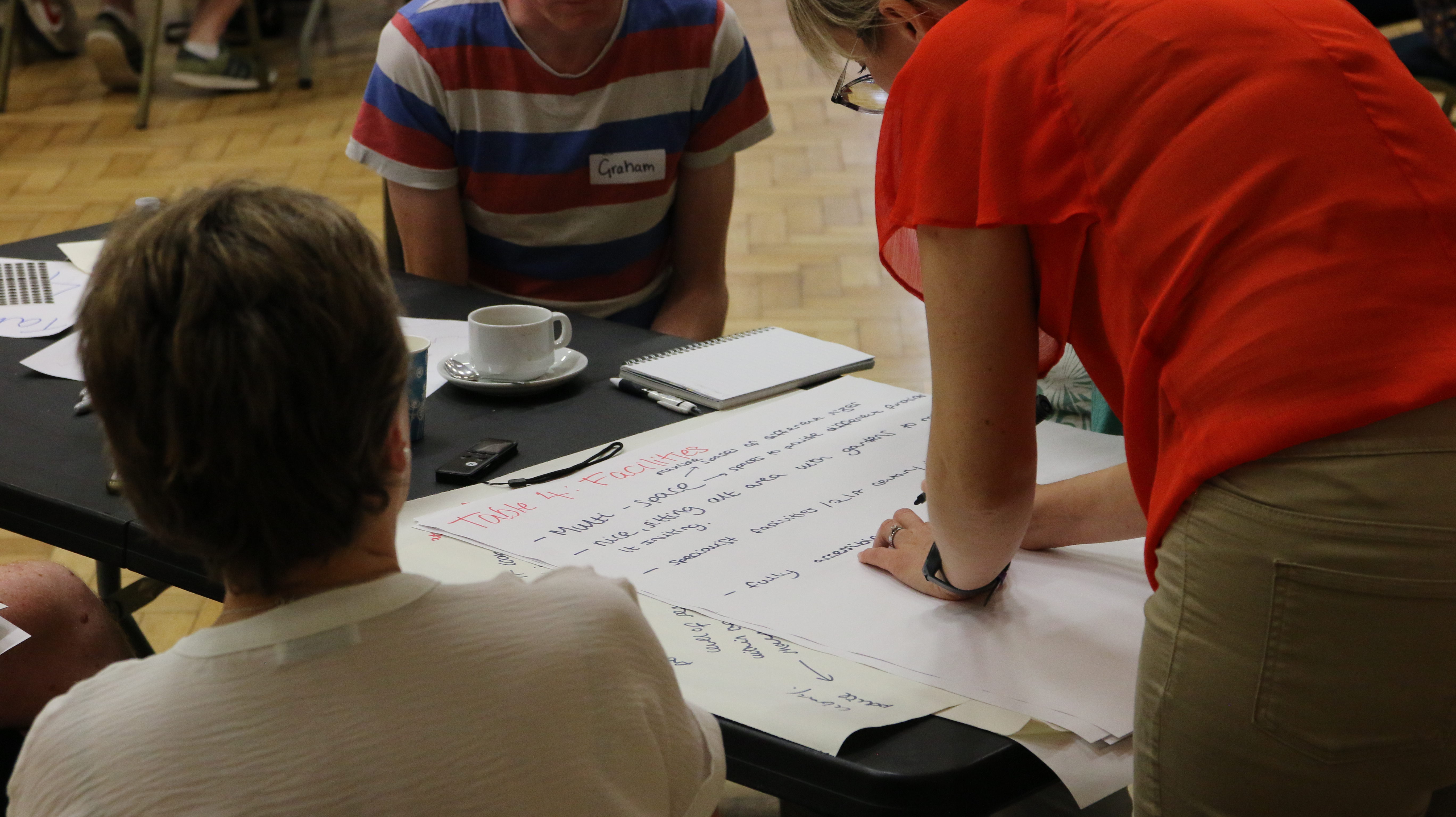 A photograph of people writing down ideas for what facilities are needed